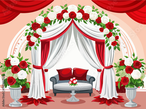 vector of A beautiful design of the wedding theme, which is used with white and red flowers on the arch and white silks, and a white double sofa is placed under the arch.