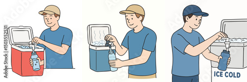 Vector collection of men filling drink bottles from ice cooler, wearing blue shirt and hat