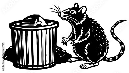 Rat sitting by garbage can in black and white illustration  