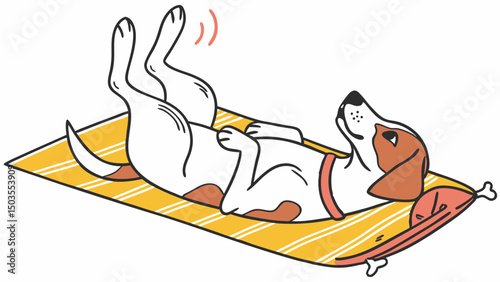 Playful dog lying on yellow mat with paws in the air  