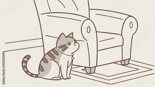 Cat sitting on rug beside armchair in a cozy living room  