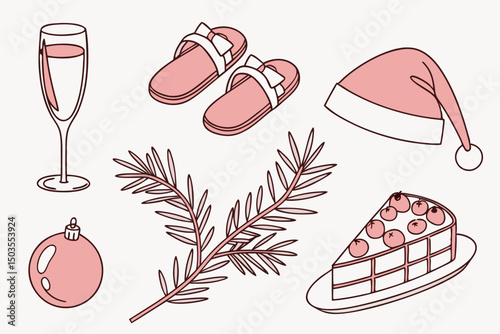 Festive flatlay with champagne, slippers, and holiday decorations  
