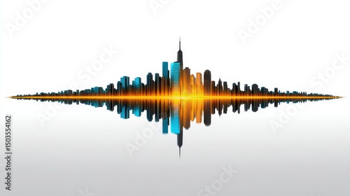 Abstract Sound Wave with City Skyline Reflection in Bright Colors