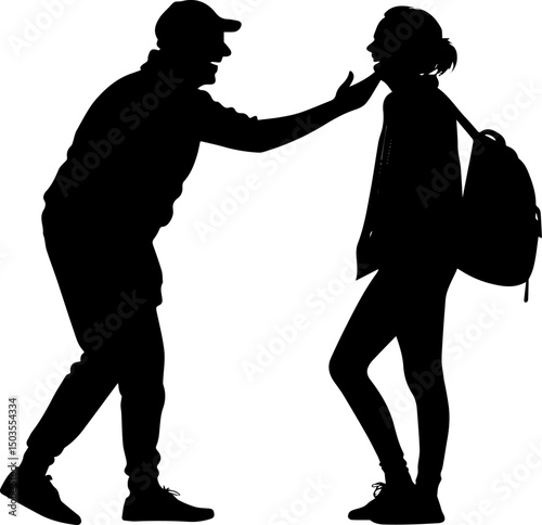 Silhouette of Teenage Bullying, Aggressive Boy Intimidating Girl with Backpack