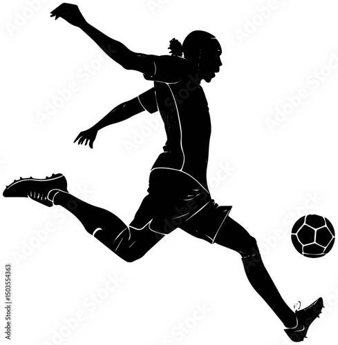 Silhouette of Soccer Player Kicking Ball, Dynamic Football Action Illustration