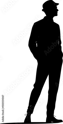 Silhouette of Man in Hat Standing with Hands in Pockets, Vector Illustration