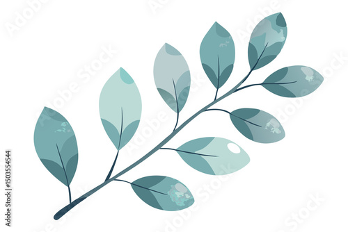Teal branch with delicate leaves botanical illustration