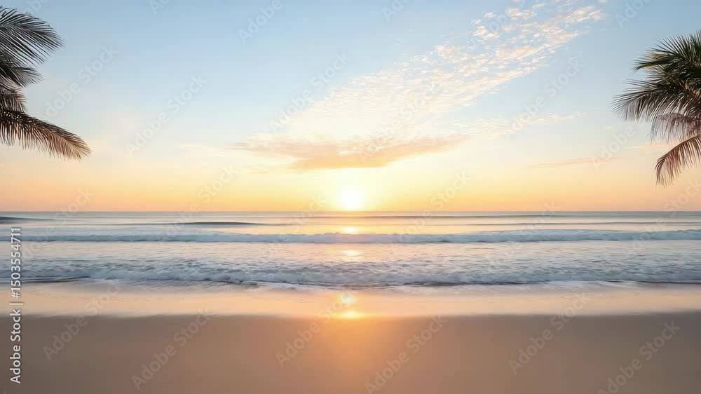 Serene beach sunset with palm trees, gentle waves, and stunning horizon view.