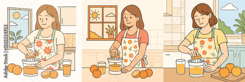 Vector collection of women making fresh orange juice in summer kitchen, wearing floral apron