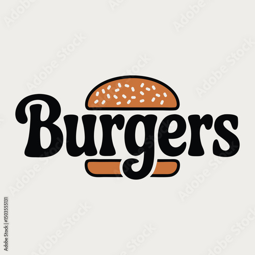 A bold and playful logo design of the word Burgers with a stylized burger icon and a sesame seed bun