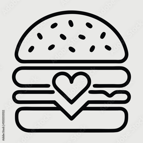 A minimalist line drawing of a burger with a heart shape in the middle with sesame seeds on the bun
