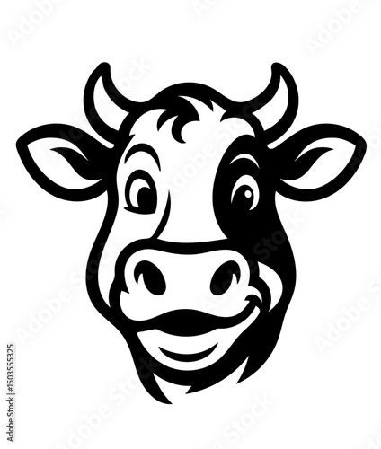 A cow with a black and white face is smiling