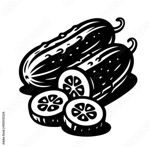 Three cucumbers with one cut in half and two others cut in half
