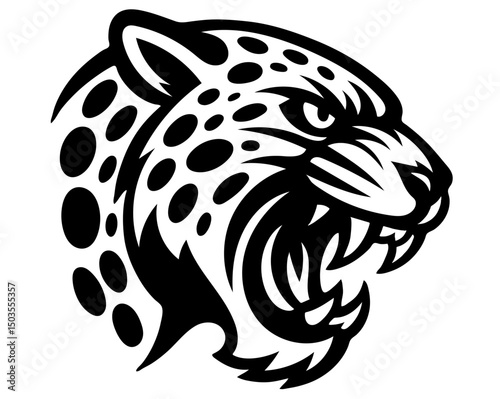 A black and white drawing of a jaguar with its mouth open