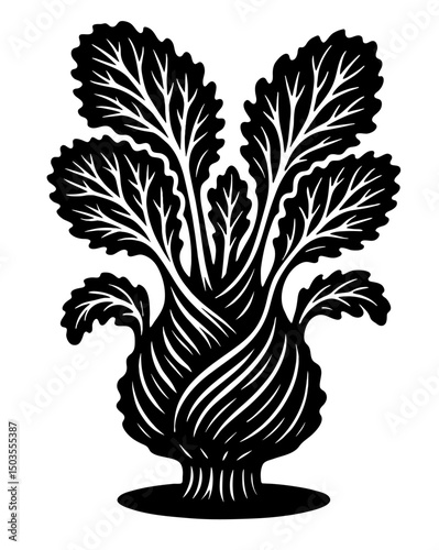 A black and white drawing of a plant of mustard greens with leaves