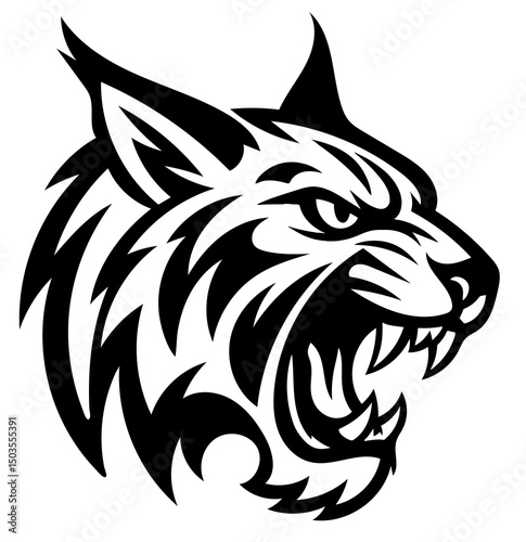 A black and white drawing of a lynx with a fierce look on its face