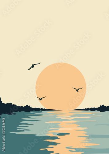 Water, Rock, Mountain, Sun, Sunset, Moon, Birds, Artwork, Vector