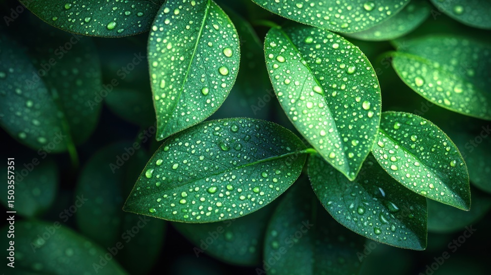 Fototapeta premium Macro shot of dew drops on vibrant green leaves in the morning