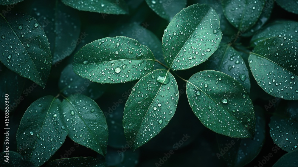 Fototapeta premium Macro shot of dew drops on vibrant green leaves in the morning