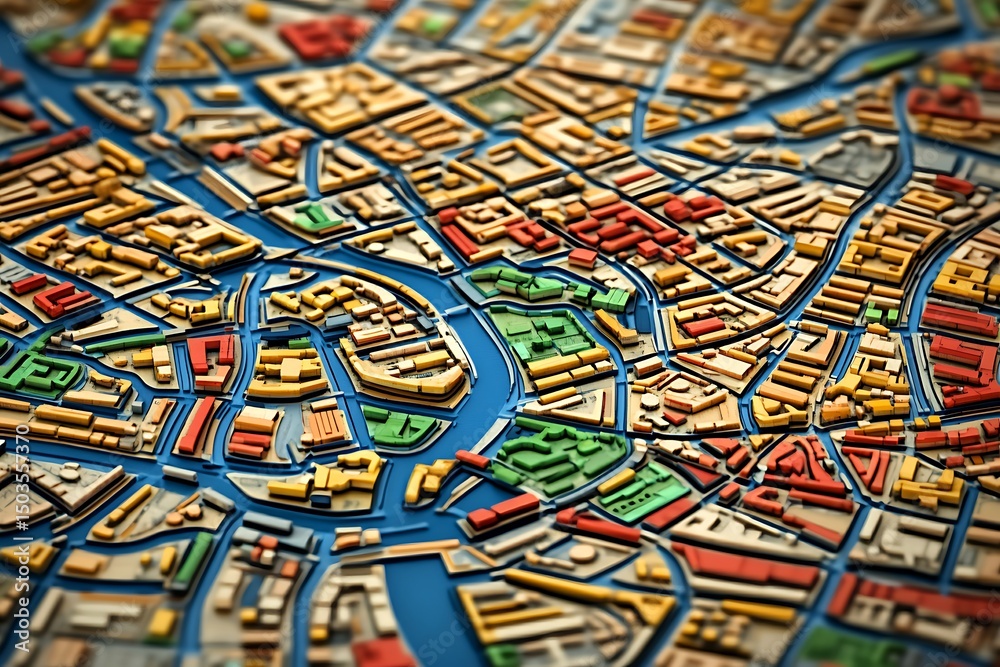 Obraz premium Detailed Cityscape Map, Elevated View, Winding Waterways, Textured Topography.