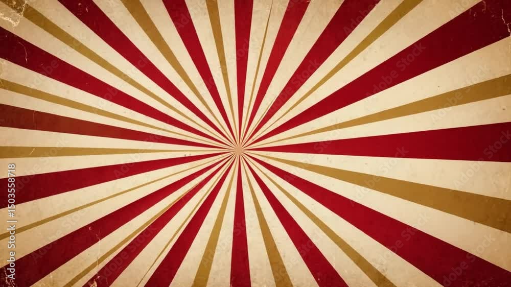 Vintage sunburst background with red and gold stripes radiating from a central point design