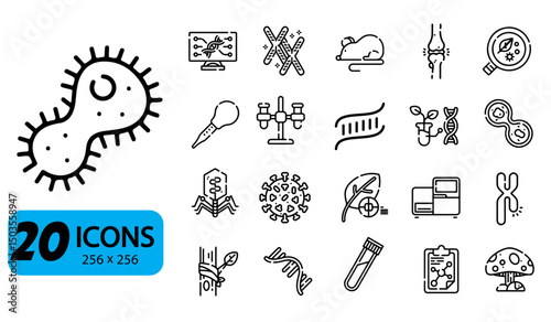 Set of 20 Biology and Microbiology Line Icons, Medical and Scientific Research Vector