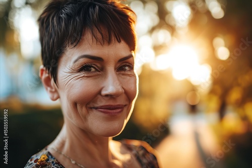 Portrait of smiling middle-aged woman in the park at sunset