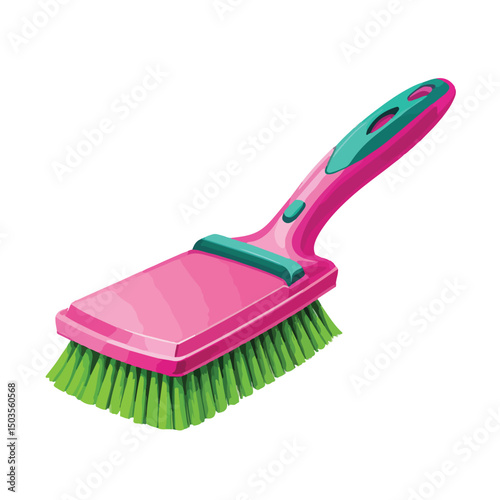 a flat icon of a heavy-duty scrub brush with vibrant green bristles and a wide hot pink ergonomic top grip