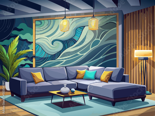 vector of A modern living room with a large gray sectional sofa, gray pillows, and a wooden wall painting with wave designs with ambient light...