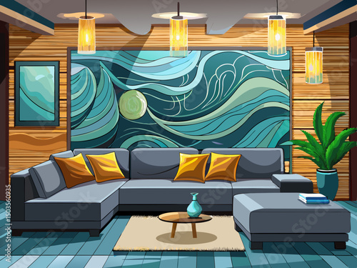 vector of A modern living room with a large gray sectional sofa, gray pillows, and a wooden wall painting with wave designs with ambient light...