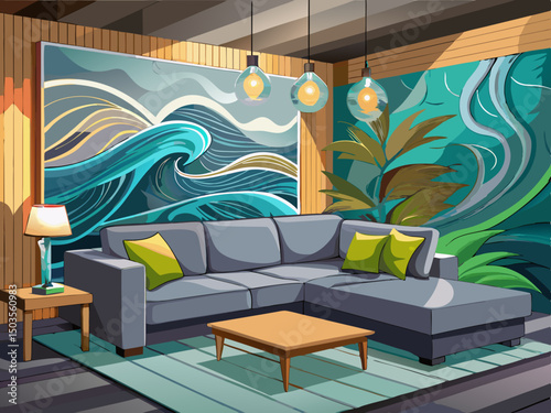 vector of A modern living room with a large gray sectional sofa, gray pillows, and a wooden wall painting with wave designs with ambient light...