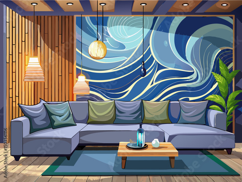 vector of A modern living room with a large gray sectional sofa, gray pillows, and a wooden wall painting with wave designs with ambient light...