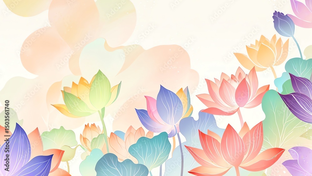 Fototapeta premium Pastel Lotus Bloom: A Serene Garden of Watercolor Flowers