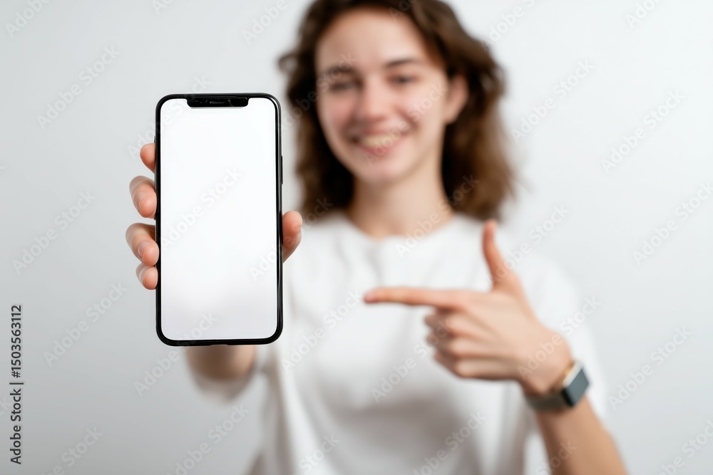 Smiling Woman Holding Smartphone with Blank Screen for App Mockup, UI Design, or Mobile Advertising Smiling Woman Holding Smartphone with Blank Screen for App Mockup, UI Design, or Mobile Advertising