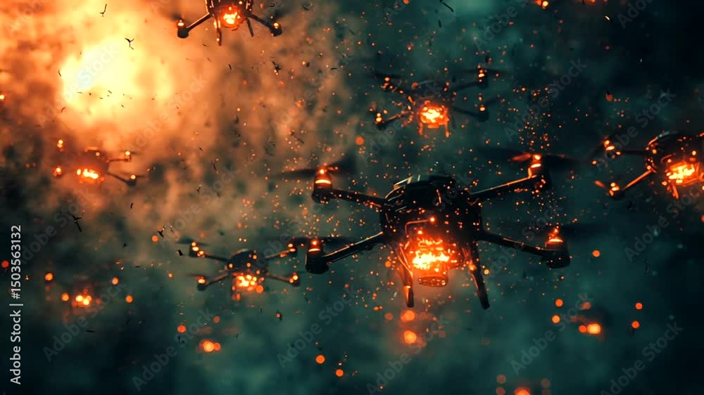 Swarm of drones amidst explosion