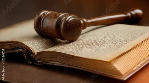Dark wood gavel resting on open book with printed text, law and legal concept, justice symbol, court decision and judgment
