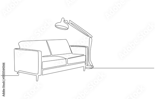 Continuous one line drawing of couch or sofa with lamp and potted plant. Modern furniture simple linear style vector illustration