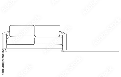 Continuous one line drawing of couch or sofa with lamp and potted plant. Modern furniture simple linear style vector illustration