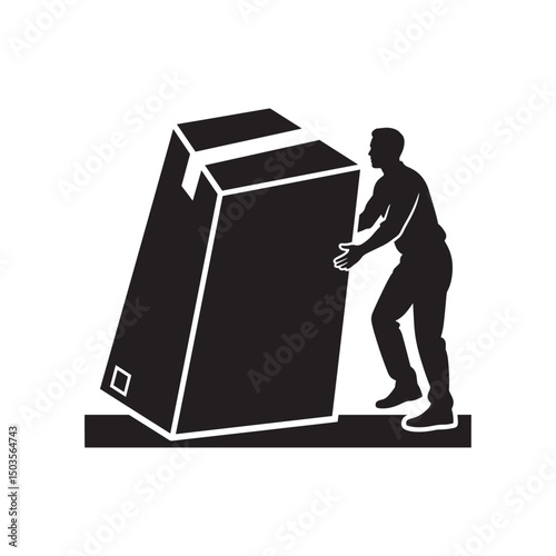 WebSilhouette of Man Pulling Large Product Box – Minimal Black and White Vector Illustration