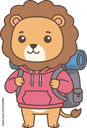 Cute Cartoon Lion with Backpack Ready for Adventure