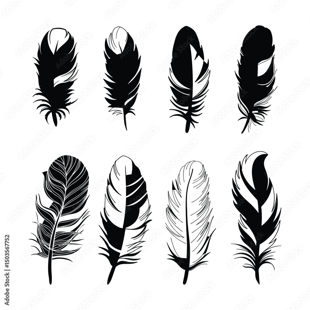 Elegant Feather Silhouette Vector – Boho and Tribal Style Design Set Elegant Feather Silhouette Vector – Boho and Tribal Style Design Set