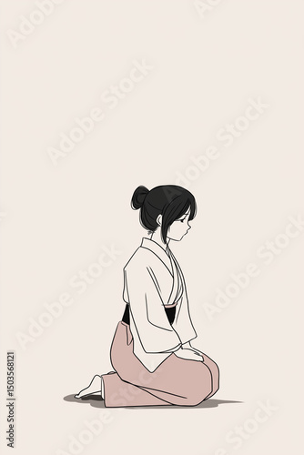 anime girl in traditional Japanese tea ceremony, kneeling posture, minimal background,