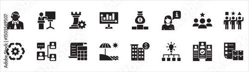 Business and management icon set. Contains symbol of businessman, target, leadership, progress, holiday, data, stock, market, accounting, training, resource, finance, service. Vector illustration