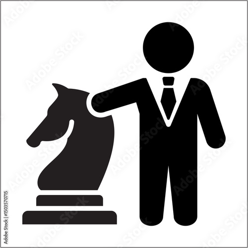 Businessman with knight chess piece icon. Business strategy icon. Icon symbol of strategy, trick, tactic, clever, smart, agile, agility. Vector illustration.