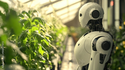 A Futuristic Greenhouse:  Robot tending to plants in a modern, technologically advanced agricultural setting.