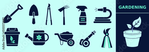 Set of gardening icons. Wheelbarrow, shovel, spade, Sprinkler, Hedge Trimmer, compost bin, leaves blower, hose, plant pot, Plant Mister, Watering Can, Loppers. Editable icon elements, size and color.
