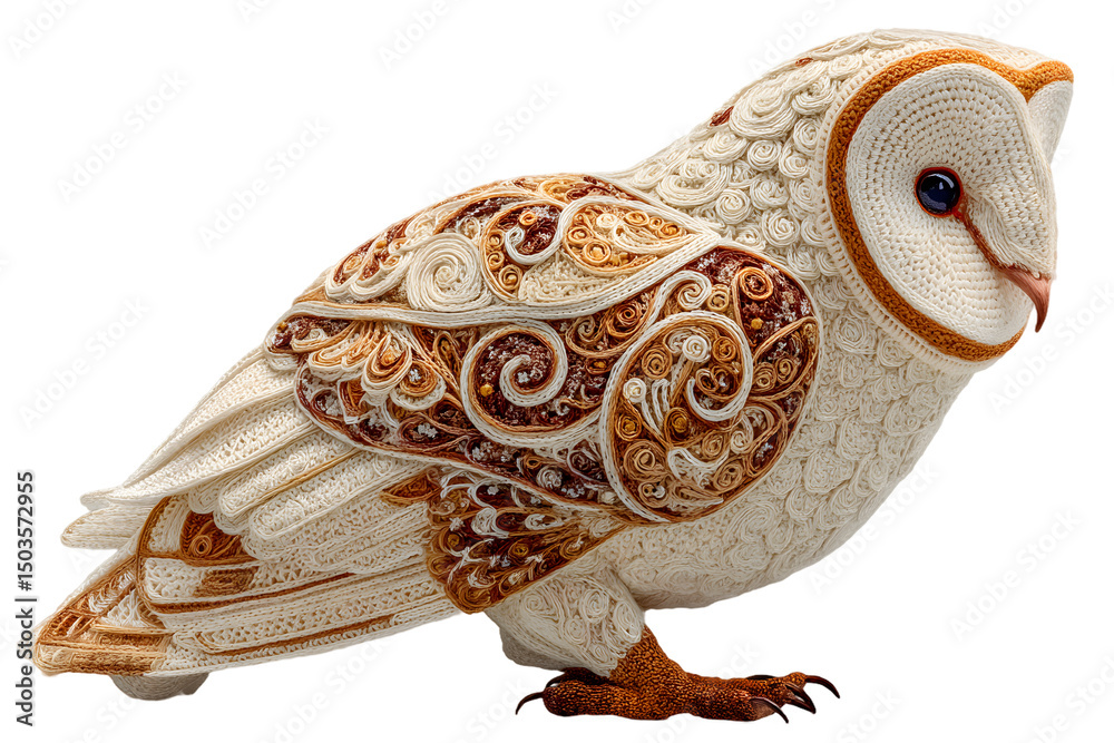 Fototapeta premium Intricate Yarn Owl Figurine Ornate Bird Sculpture Detailed Craftwork Whimsical Animal Art
