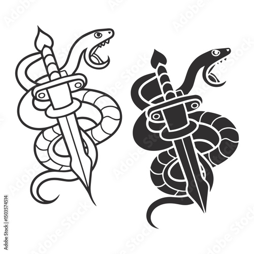 Detailed Black and White Abstract Mythological Serpent with Swords Illustration