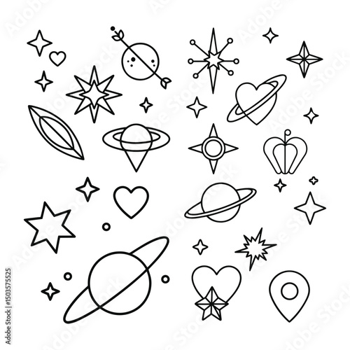 Minimalist Cosmic Stars & Mystical Space Symbols Line Art
