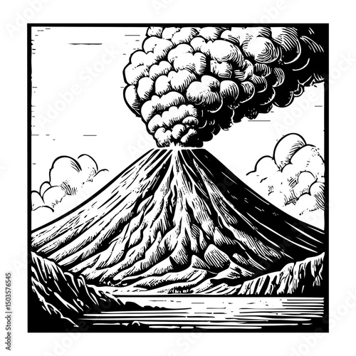 Mountain erruption on sea engraving black and white outline. Scratch board imitation.  illustrated in vintage line art style on a white background.